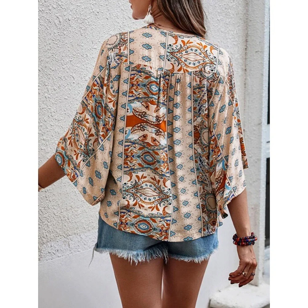 🍑 BOHO APRICOT MULTI ABSTRACT PRINT LOOSE FIT TOP! - Picture 2 of 7